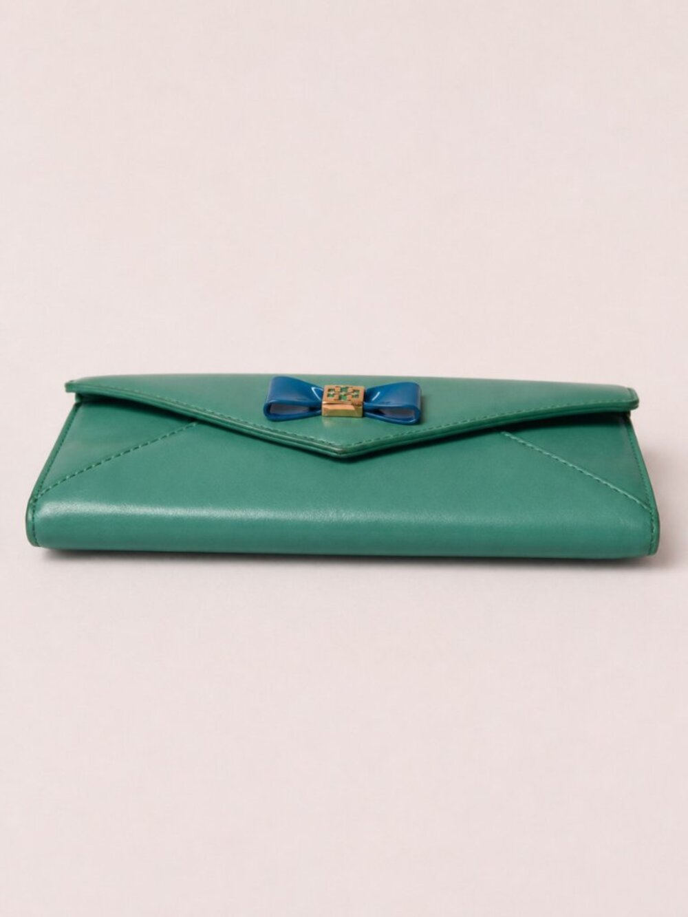 Tory Burch Green Leather Bow Continental Envelope Wallet Blue Enamel Bow - Picture 5 of 9